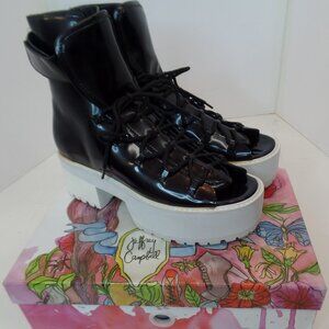 Jeffrey Campbell Black Leather White Lug Sole Faux Lace Zip Up Booties W Box 9